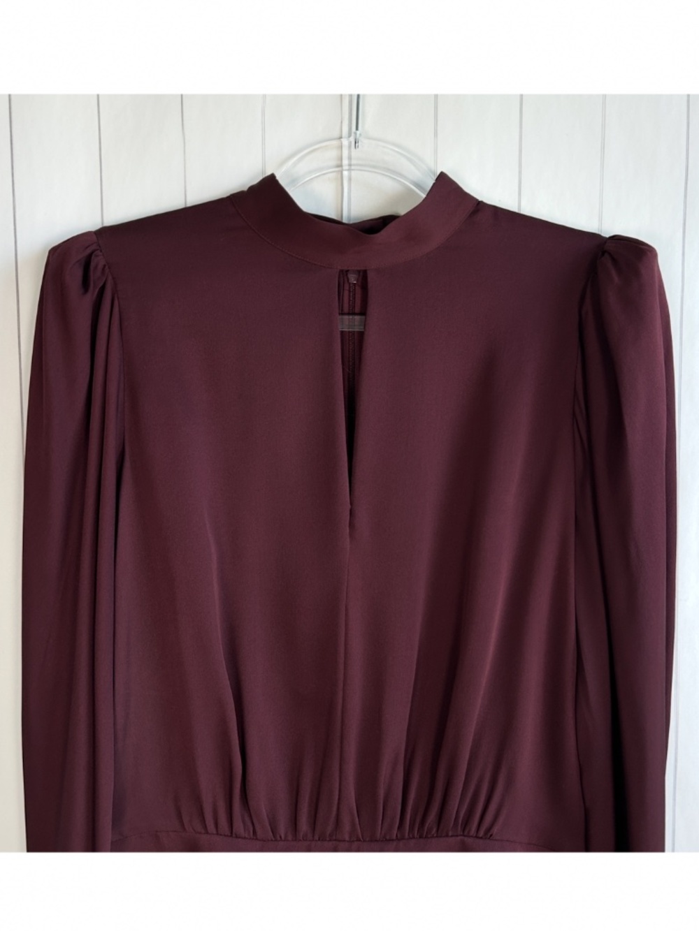 Frame size L long sleeve keyhole blouse 100% silk burgundy smocked high neck - Picture 2 of 12